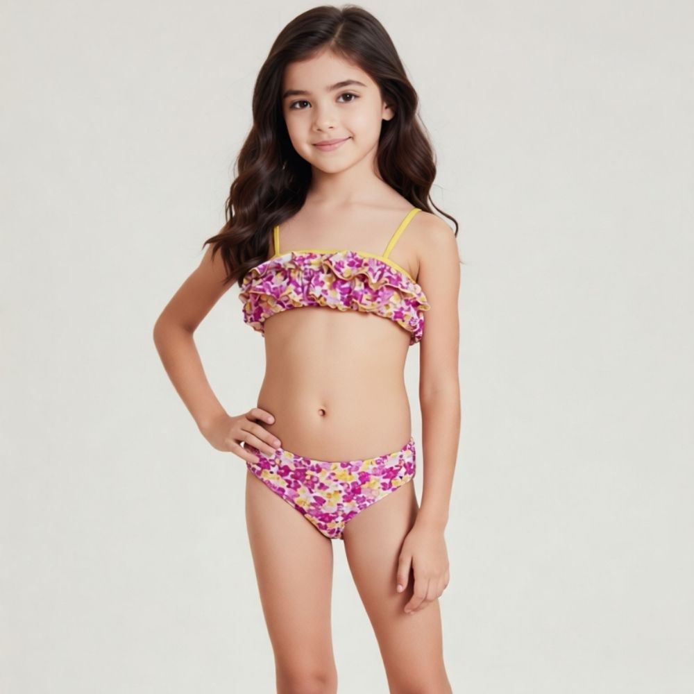 Coastalista Floral Bikini Swimsuit Set Girls Yellow Pink Ruffle Swimwear 4 6